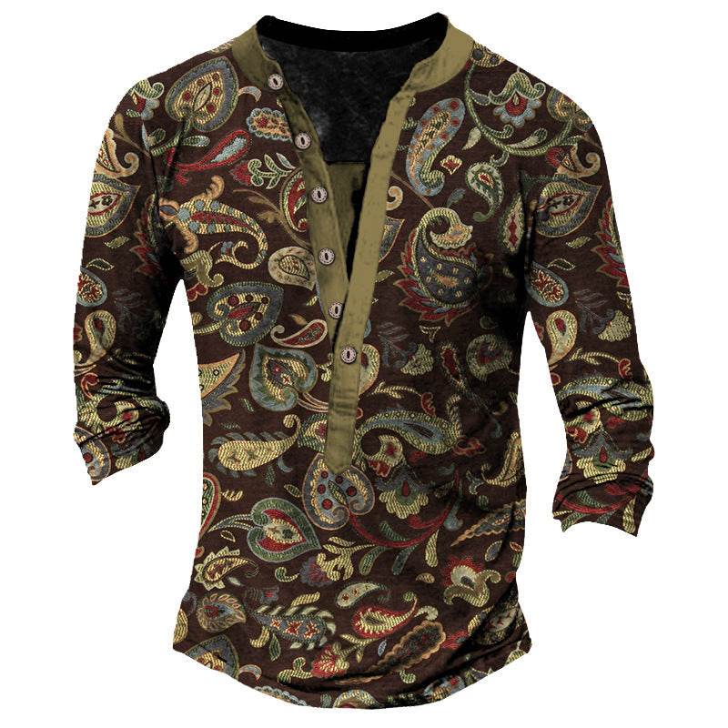 Printed Retro Fashion Casual Henry Neck T-shirt - Long Sleeves, Comfortable Fit - Buy Center US