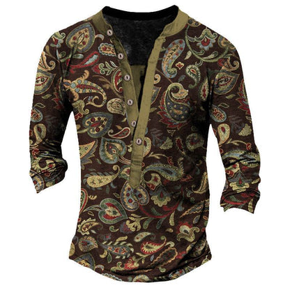 Printed Retro Fashion Casual Henry Neck T-shirt - Long Sleeves, Comfortable Fit - Buy Center US