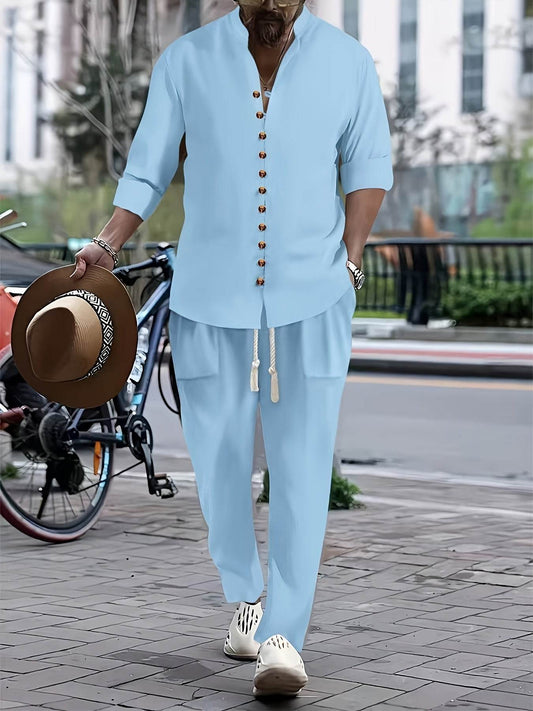 Men's Casual Cotton Linen V-Neck Shirt & Pants Set - Spring/Fall Fashion - Buy Center US