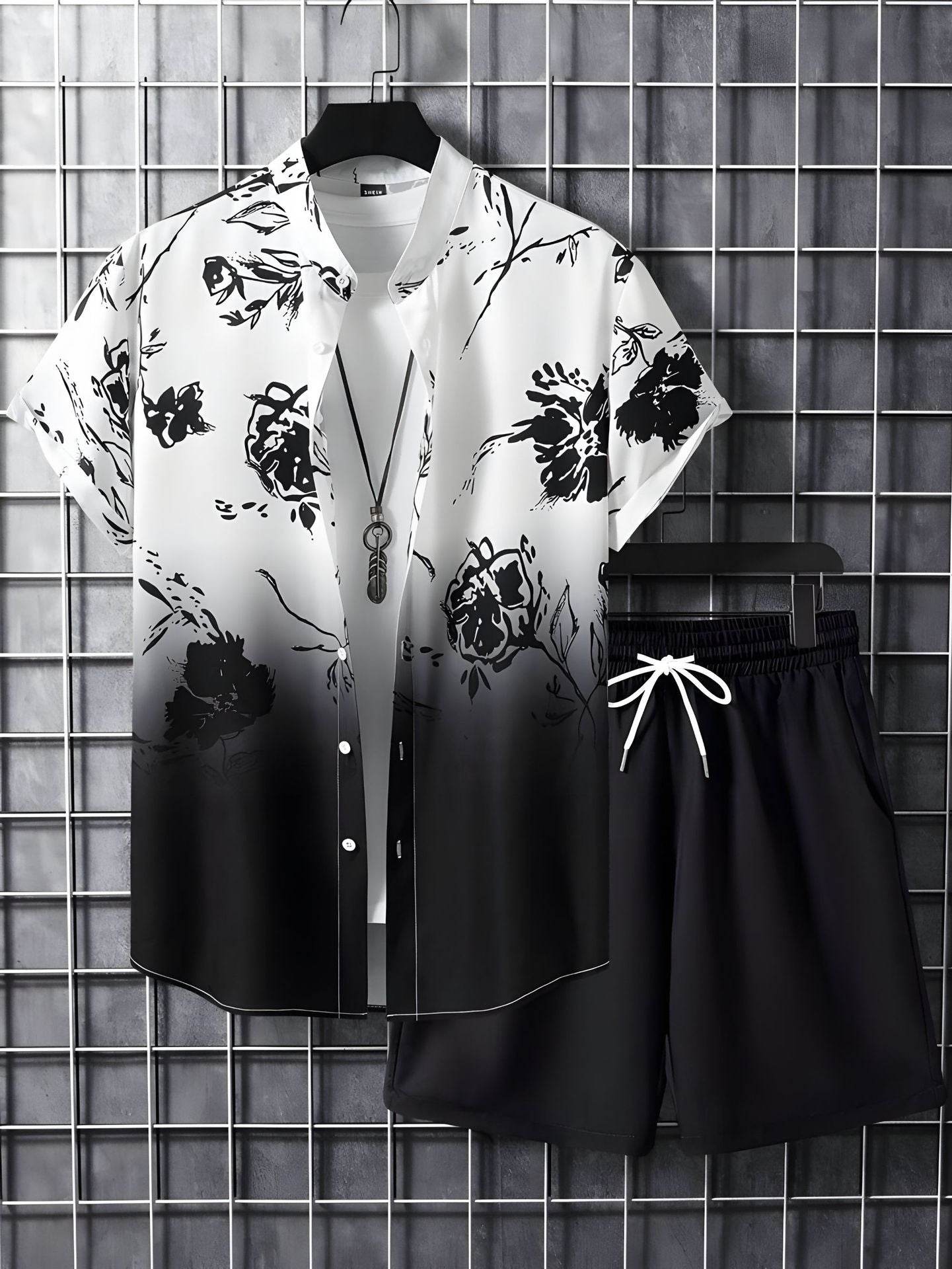 Buycenter Men’s Black and White Striped Hawaiian Shirt Set - Casual Summer Wear - Buy Center US