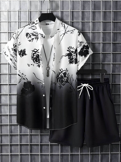 Buycenter Men’s Black and White Striped Hawaiian Shirt Set - Casual Summer Wear - Buy Center US