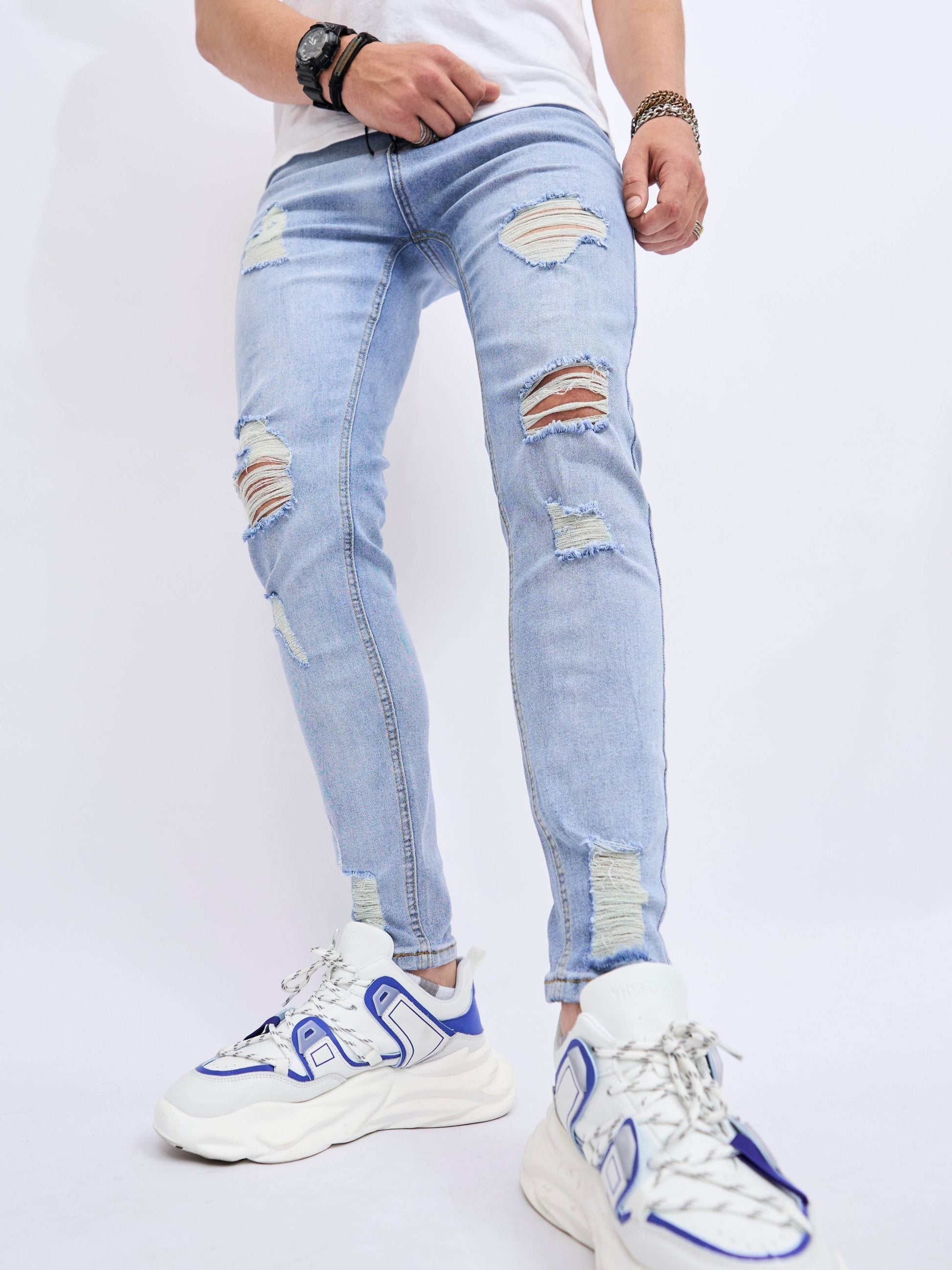 Men's Cotton Blend Distressed Jeans - Chic Slim Fit for All Seasons - Buy Center US