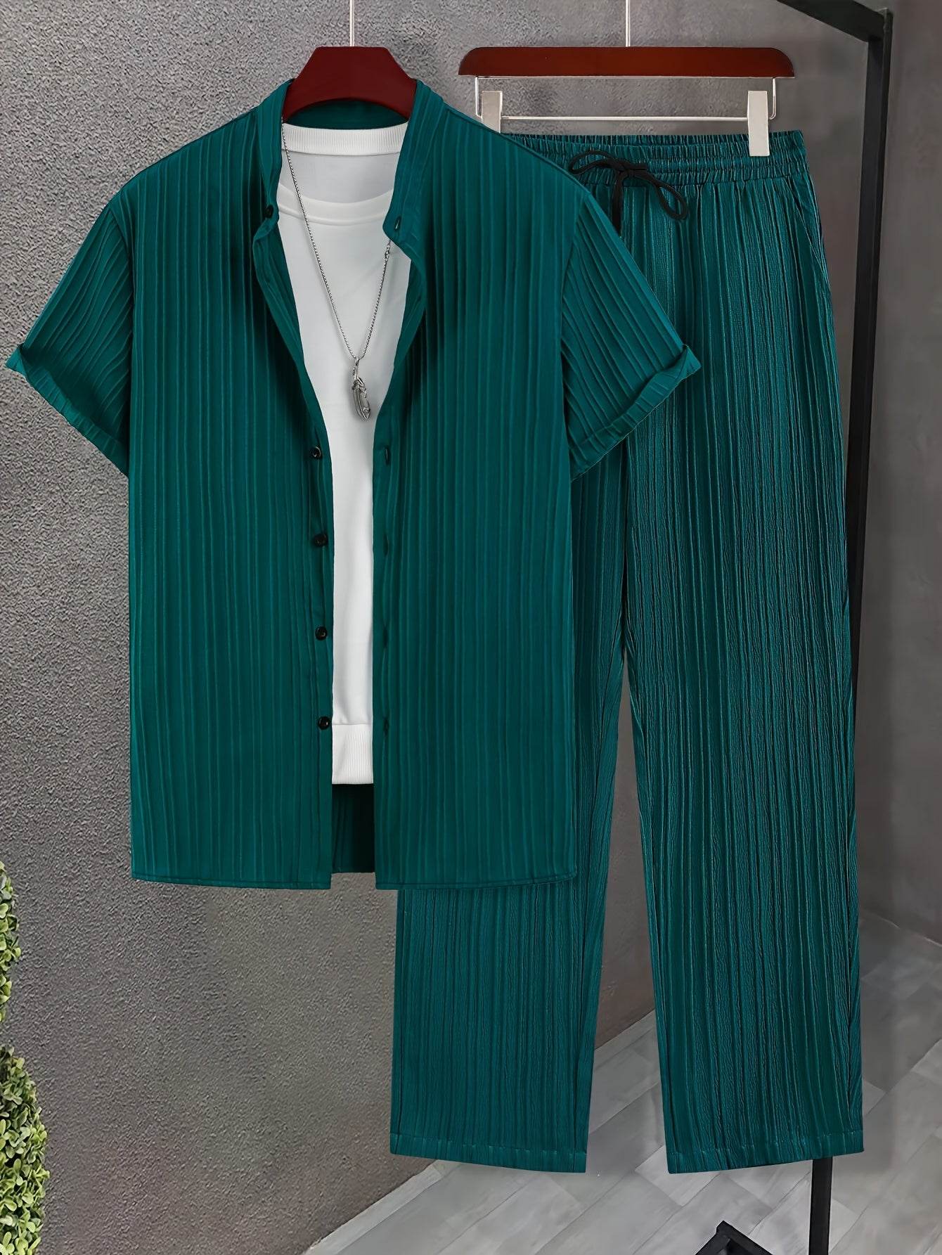 Men's Casual Spring/Summer Textured Stripe Short Sleeve Pants Set - Buy Center US