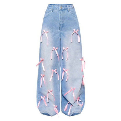 High Waist Wide Leg Jeans - Chic Bow Detail, Stylish Denim Trousers - Buy Center US