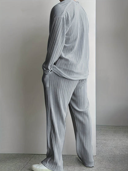 Men's Elegant Striped Button-Up Shirt & Pants Set - V-Neck Beach Attire - Buy Center US