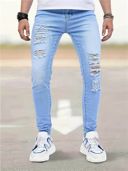 Men's Slim Fit Light Blue Washed Jeans - Stretch Denim for Spring/Fall - Buy Center US