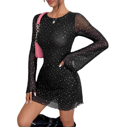 Elegant Black Mesh Sequins Backless Dress - Slim Fit, Long Sleeve Style - Buy Center US