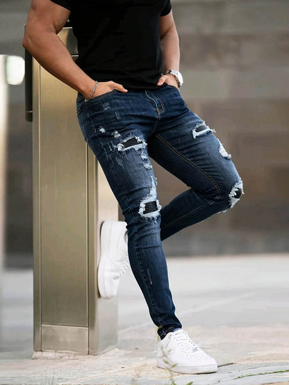 Men's Slim Fit Ripped Jeans - Stretch Denim Casual Streetwear, Blue - Buy Center US