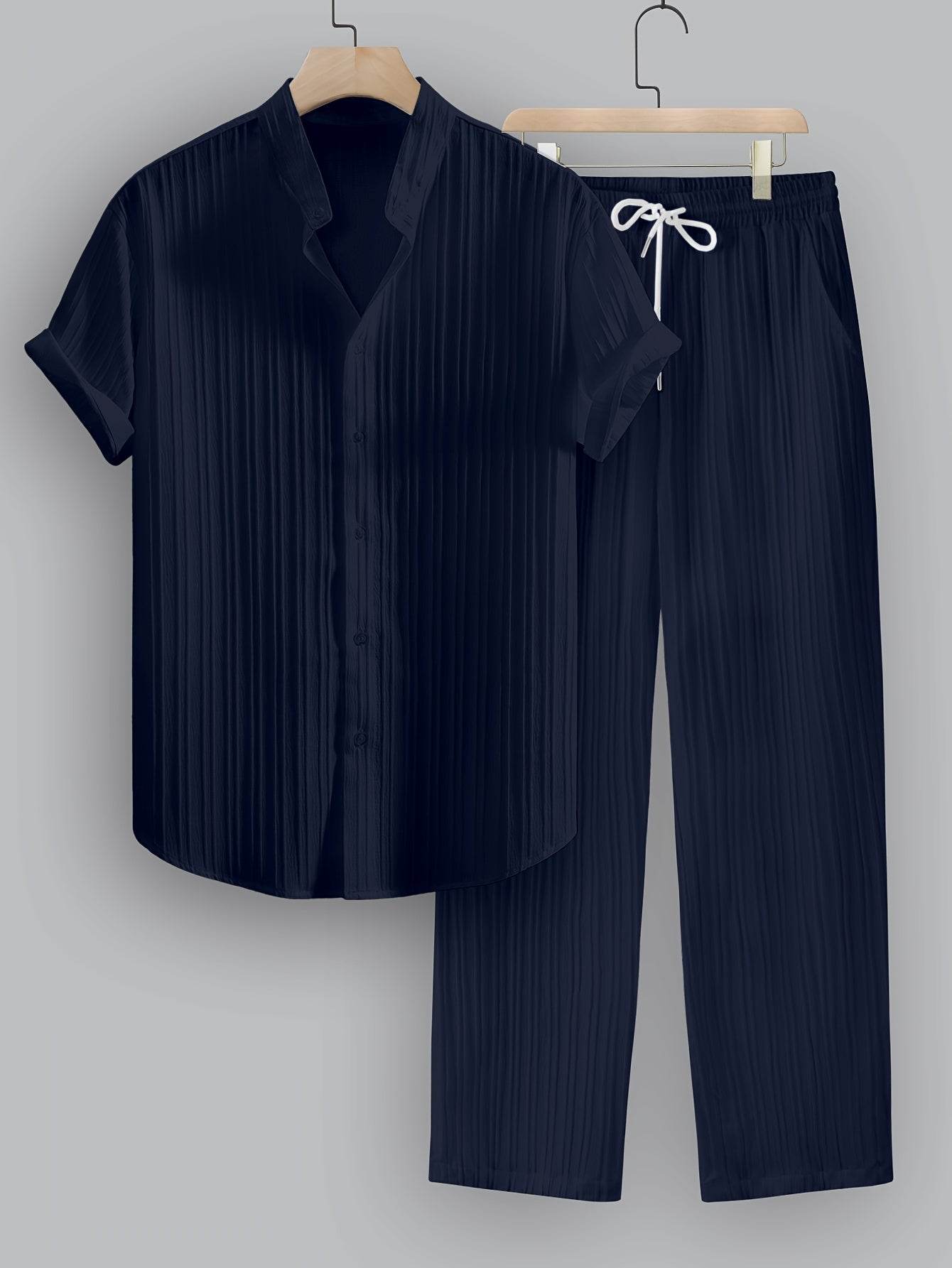 Men's Summer Casual Outfit Set - Striped Short Sleeve Shirt & Drawstring Pants - Buy Center US