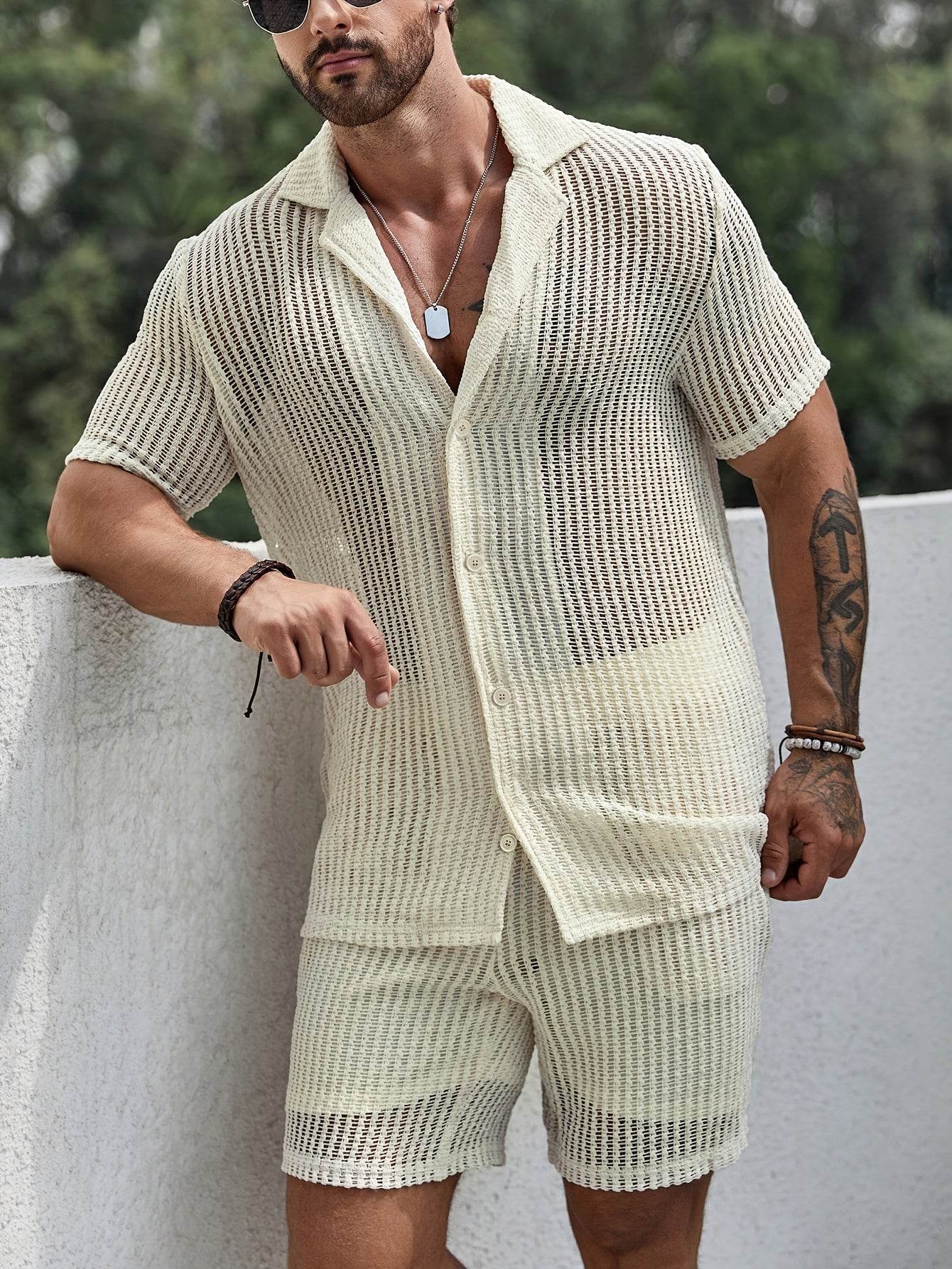 Men's Casual Hollow Short-Sleeved Set - Summer Shirt & Drawstring Shorts - Buy Center US