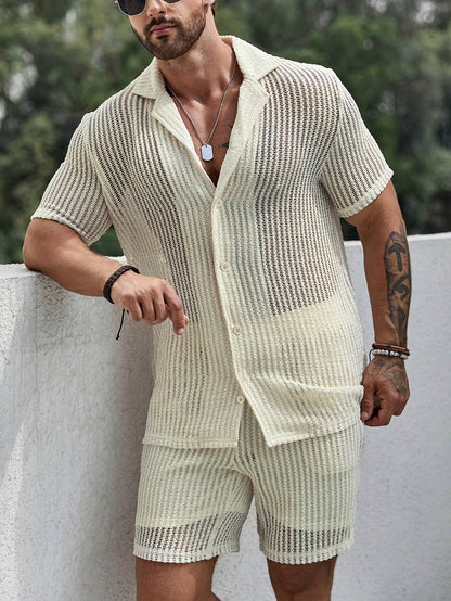 Men's Casual Hollow Short-Sleeved Set - Summer Shirt & Drawstring Shorts - Buy Center US