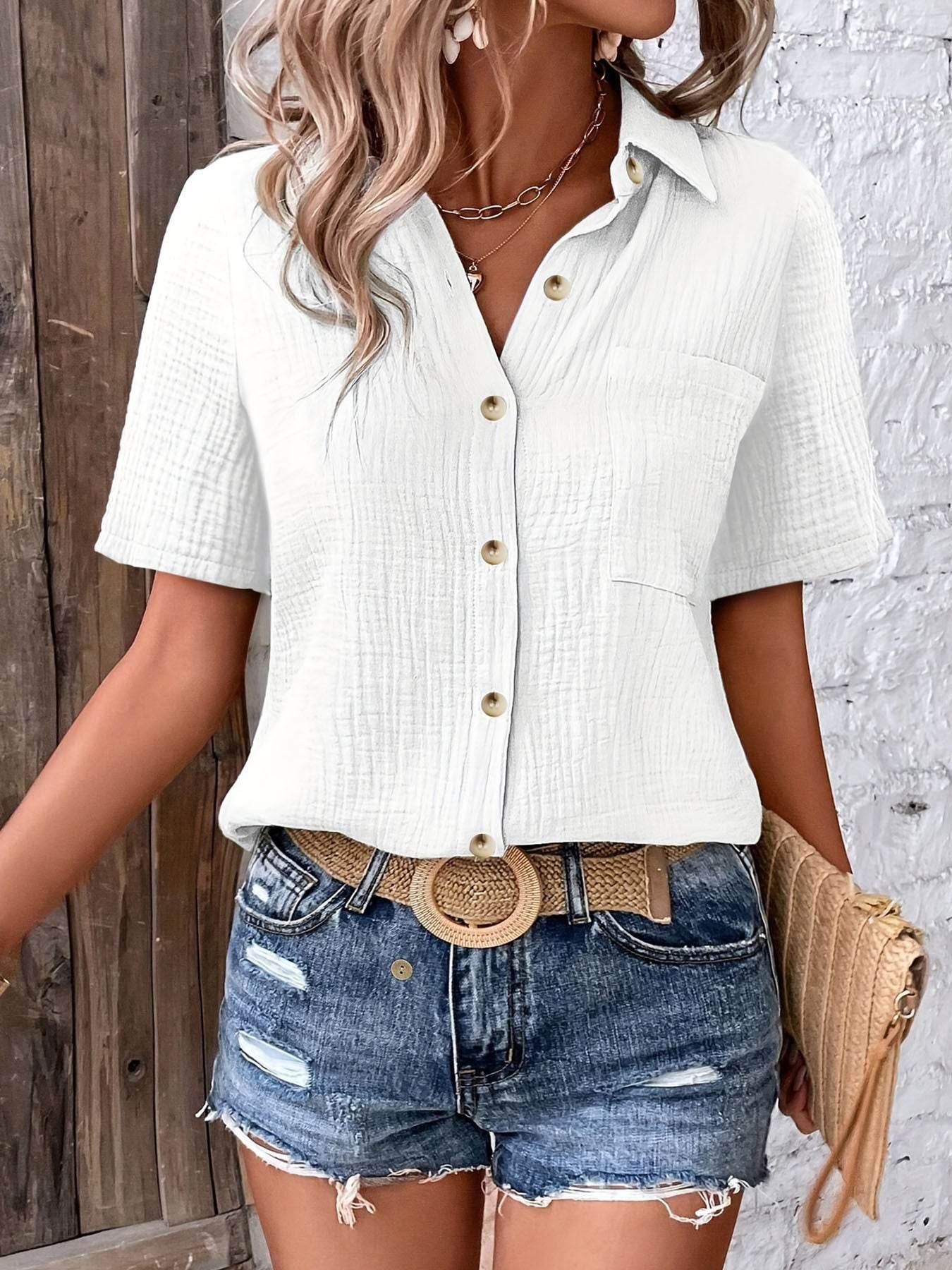 Hic Women's V-Neck Blouse - Casual Short Sleeve Button-Up, Solid White - Buy Center US
