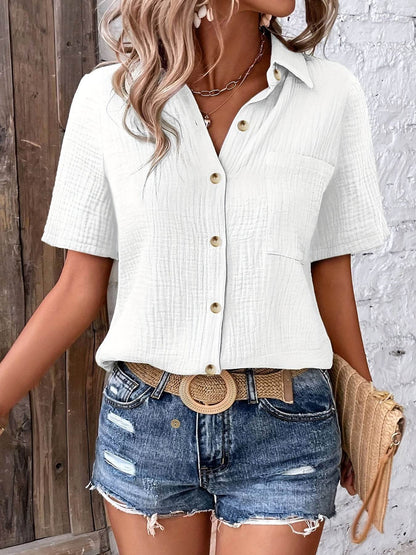 Hic Women's V-Neck Blouse - Casual Short Sleeve Button-Up, Solid White - Buy Center US