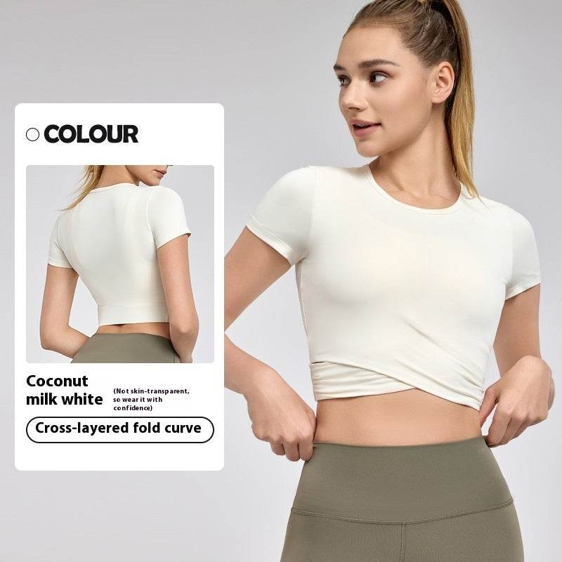 Short Sleeve Cross Pleated Yoga Top - Women's Activewear in Light Pink & Black - Buy Center US