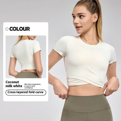 Short Sleeve Cross Pleated Yoga Top - Women's Activewear in Light Pink & Black - Buy Center US