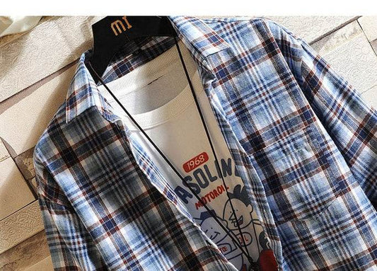 Buycenter Men's Checked Long-Sleeved Shirt - Stylish Japanese Fit & Design - Buy Center US