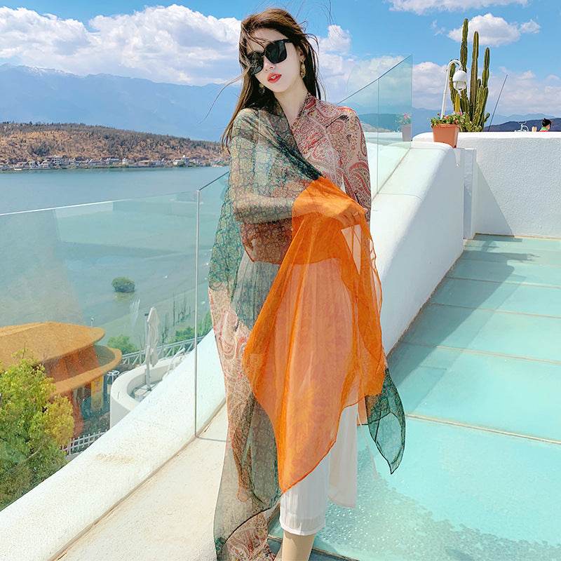 Versatile Silk Scarf for Sun Protection - Bohemian Floral Design 180x125cm - Buy Center US
