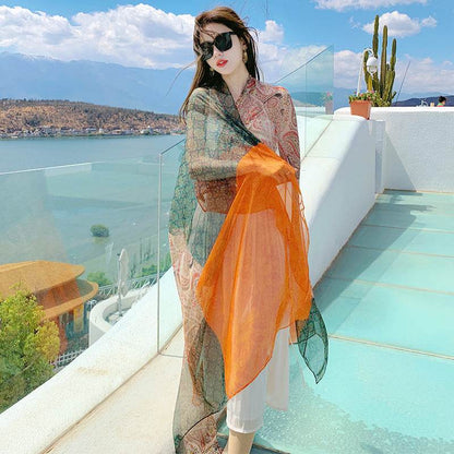 Versatile Silk Scarf for Sun Protection - Bohemian Floral Design 180x125cm - Buy Center US