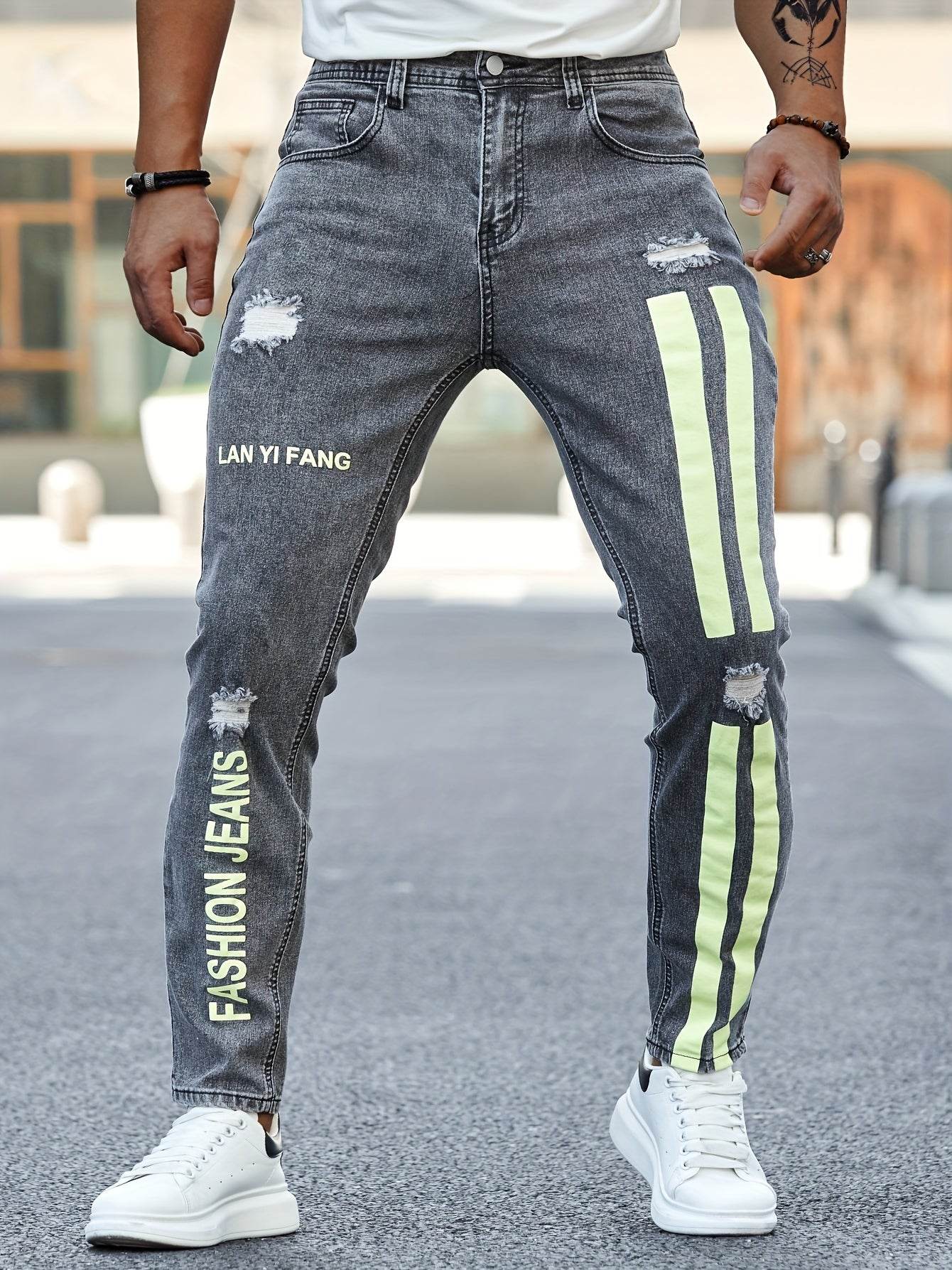 Men's Slim Fit Stretchy Denim Jeans - Casual Side Stripes Design - Buy Center US