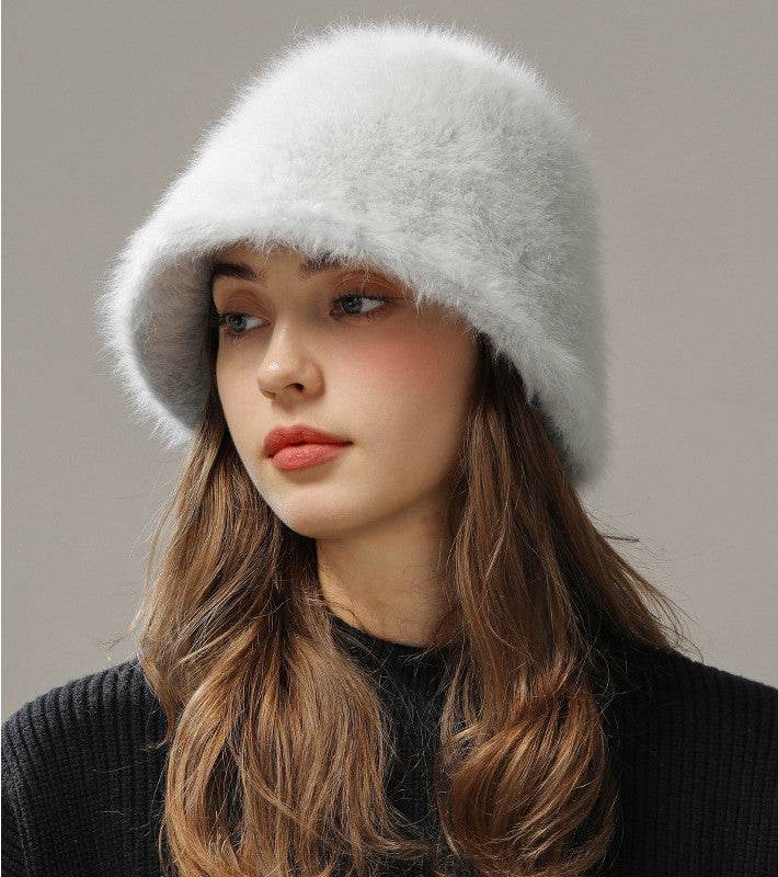 Big Head Circumference Real Rabbit Plush Hat - Milky White & Khaki - Buy Center US