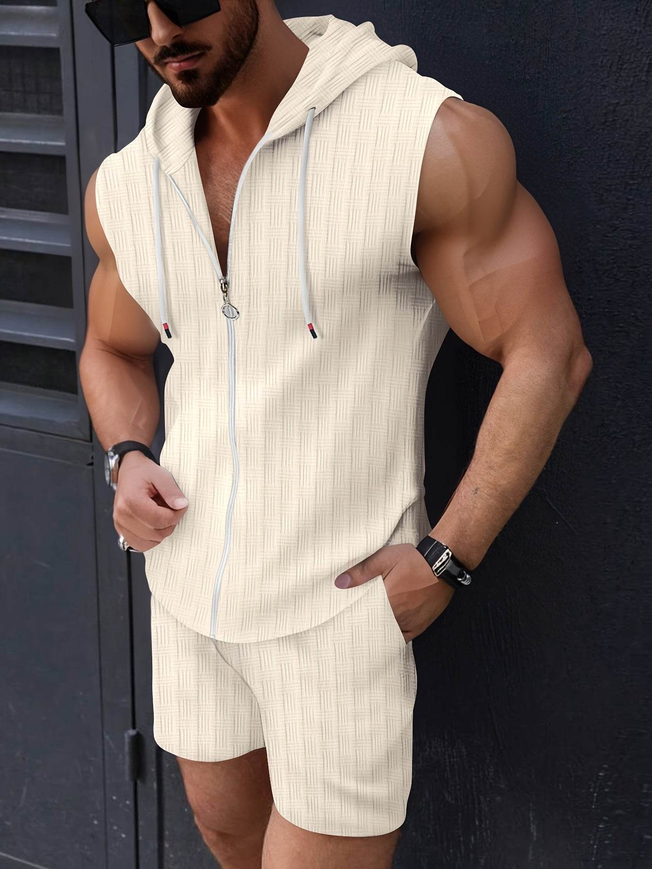 Men's Casual Sleeveless Hooded Sweater Set - Summer Beach Sports Outfit - Buy Center US