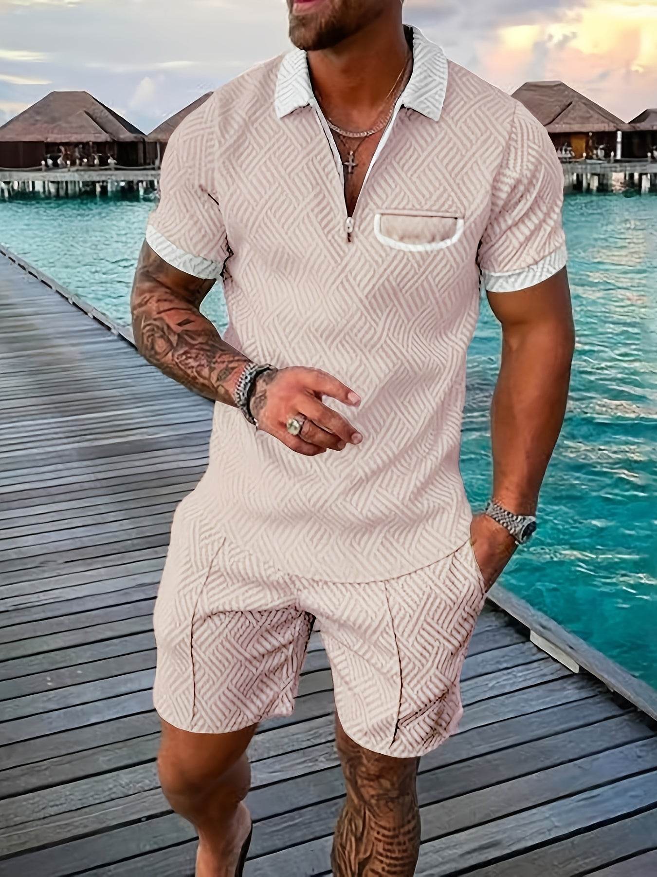Men's Casual Knee-Length Kurta and Shorts Set - Breathable Polyester, Stylish - Buy Center US