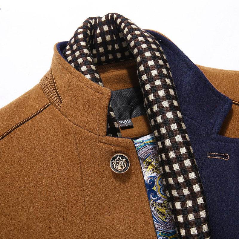 Buycenter Men's Woollen Overcoat - Stylish Double Collar, Khaki & Navy - Buy Center US