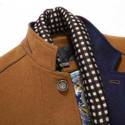 Buycenter Men's Woollen Overcoat - Stylish Double Collar, Khaki & Navy - Buy Center US