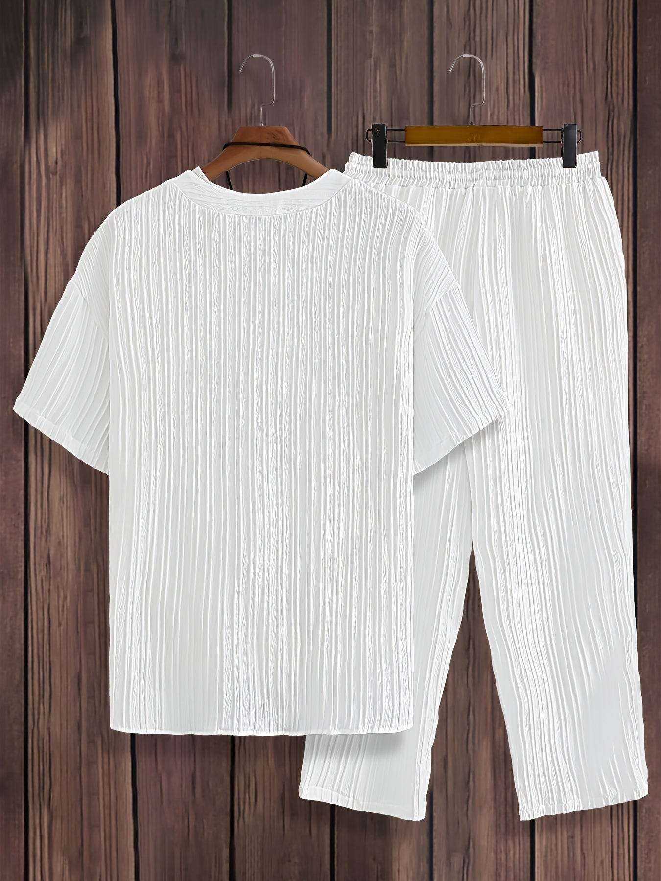 Men's Casual Two-Piece Set - V-Neck Button-Up Shirt & Drawstring Pants - Buy Center US