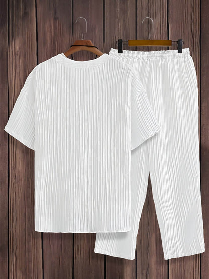 Men's Casual Two-Piece Set - V-Neck Button-Up Shirt & Drawstring Pants - Buy Center US