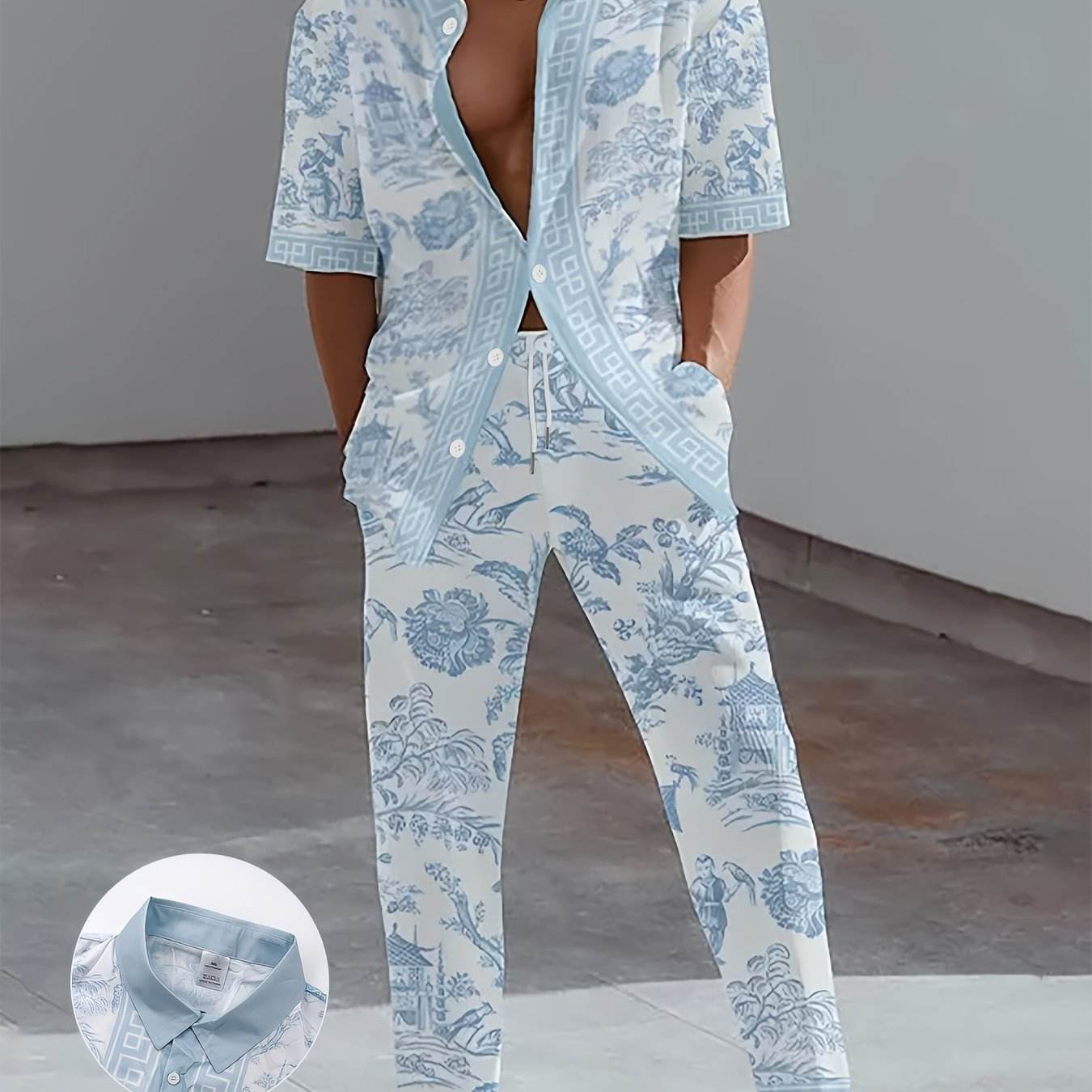 Men's Light Blue Floral Print Shirt & Pants Set - Casual All-Season Wear - Buy Center US