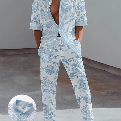 Men's Light Blue Floral Print Shirt & Pants Set - Casual All-Season Wear - Buy Center US