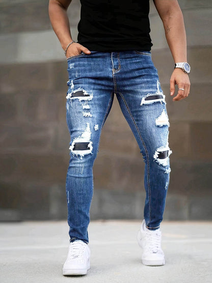 Men's Slim Fit Ripped Jeans - Stretch Denim Casual Streetwear, Blue - Buy Center US