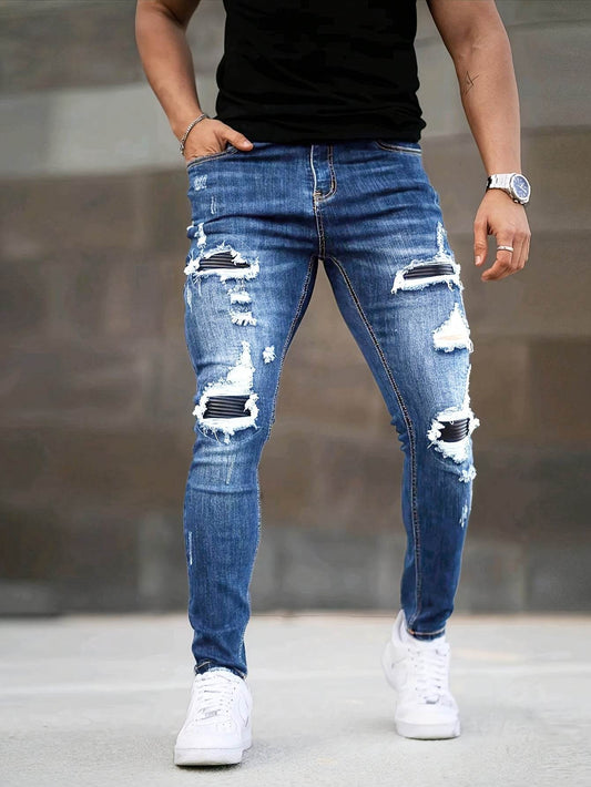 Men's Slim Fit Ripped Jeans - Stretch Denim Casual Streetwear, Blue - Buy Center US