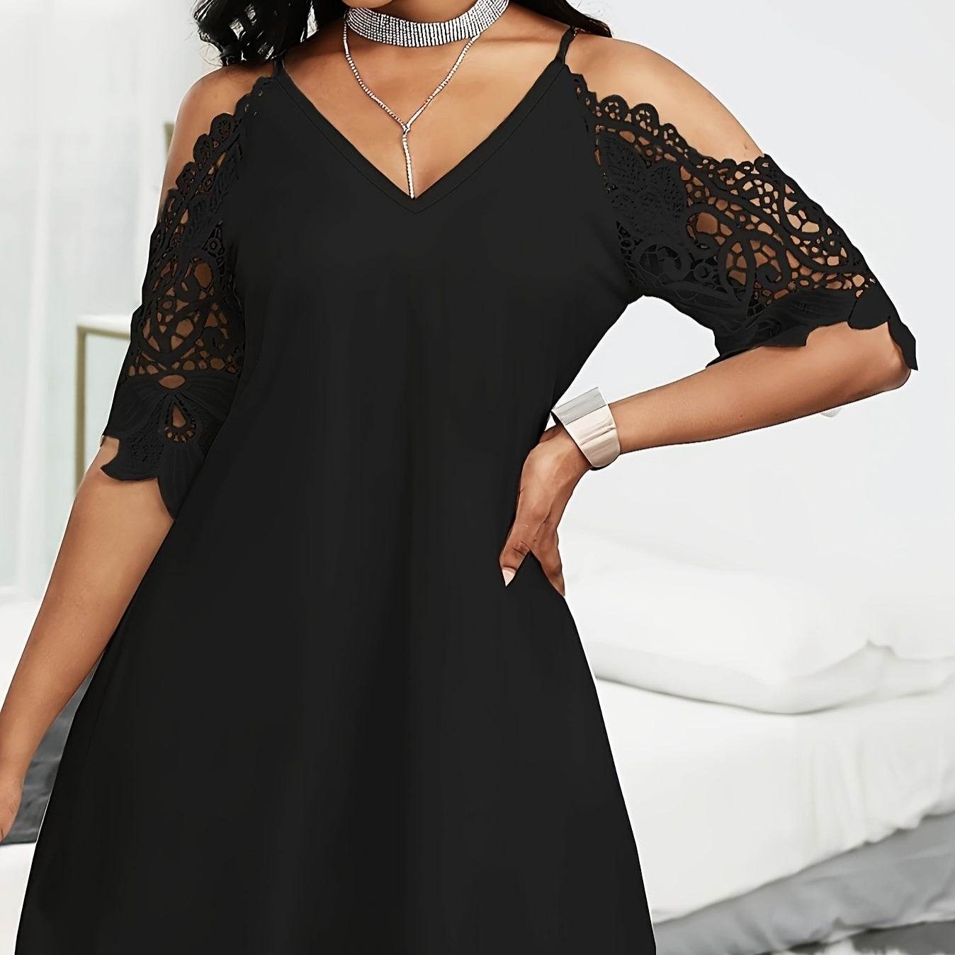 Ladies' V-Neck Off Shoulder Mini Dress - Casual Crochet Lace Style - Buy Center US