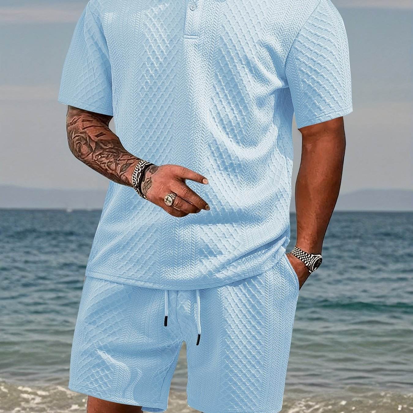 Men's Summer Jacquard Two-Piece Set - Casual Short Sleeve Sports Outfit - Buy Center US