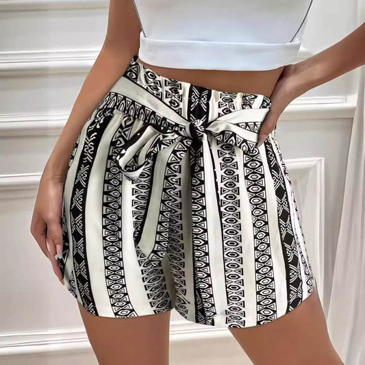 Printed Casual Shorts for Women - High Waist Commuter Style, Belted Design - Buy Center US
