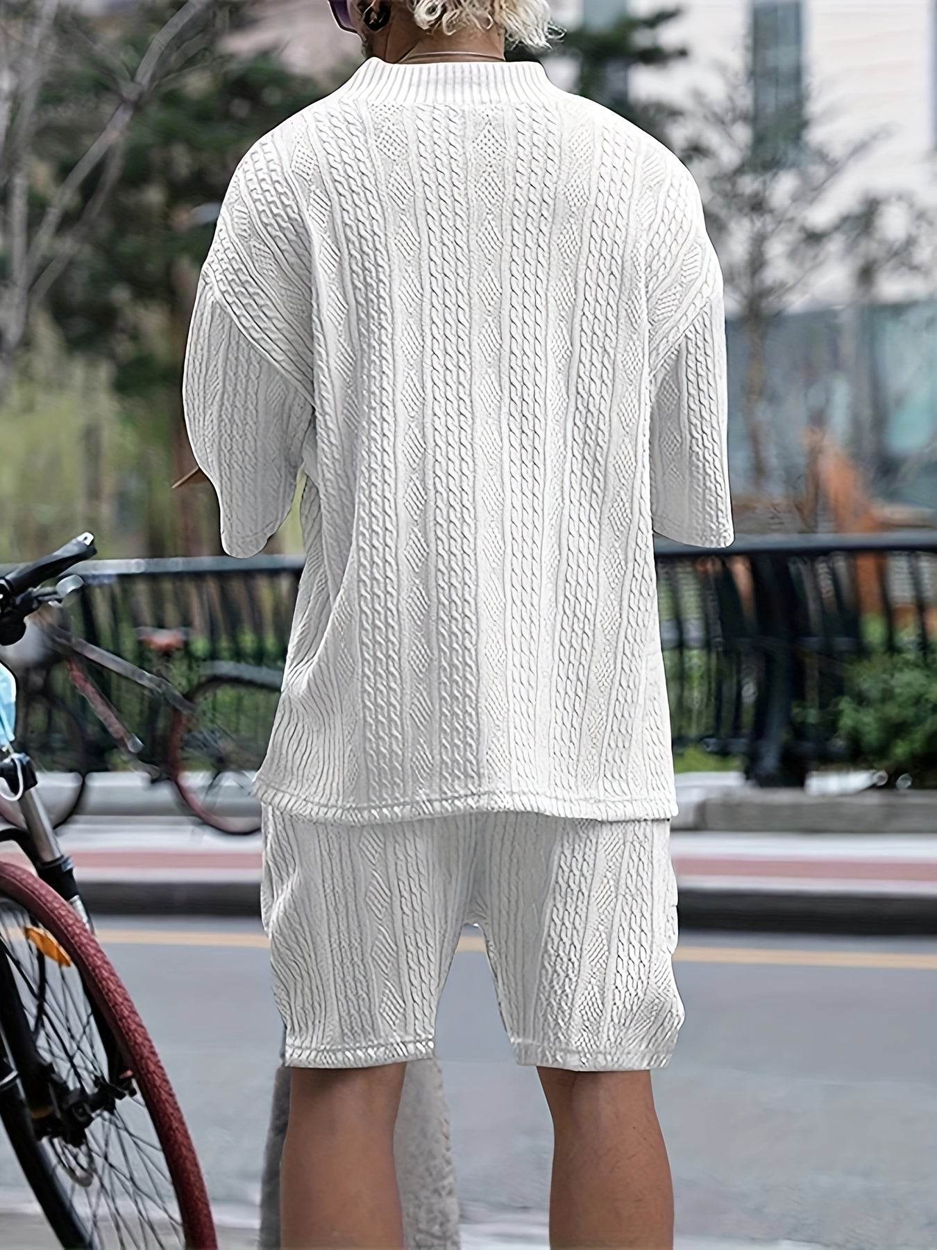 2024 Men's Summer Jacquard Leisure Suit - Short Sleeve V-Neck Two-Piece - Buy Center US