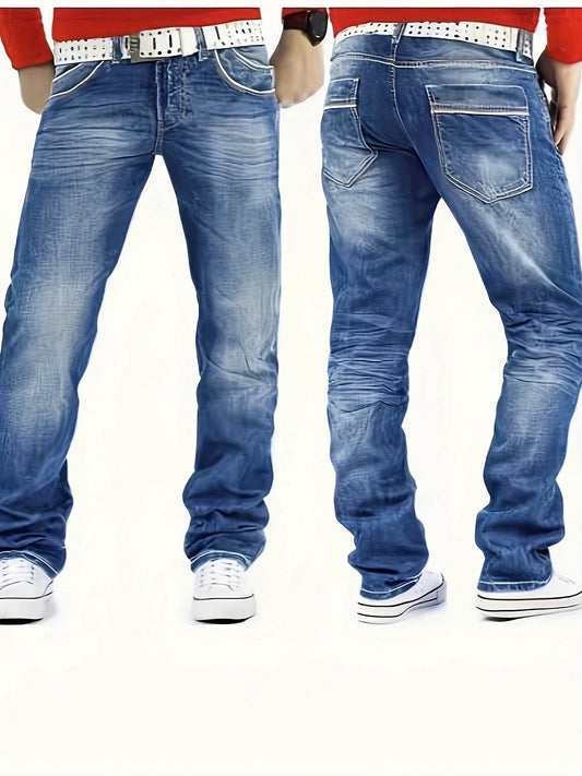 Men's Stretch Denim Jeans - Loose Fit, 63.7% Cotton, All-Season Comfort - Buy Center US