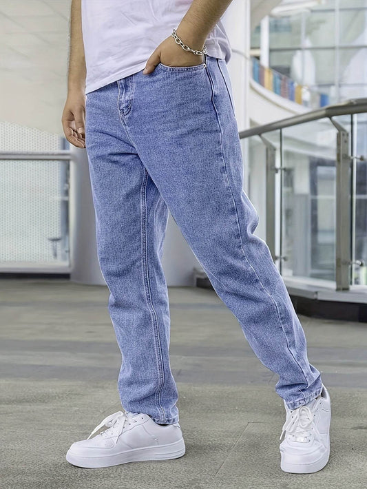 Men's Loose Fit Light Blue Jeans - Non-Stretch Cotton Blend Comfort - Buy Center US