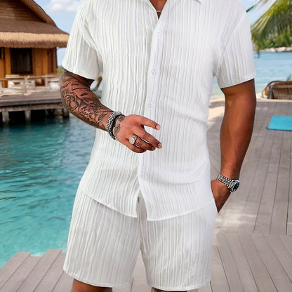 Stylish Summer White French Striped Suit for Men - Short Sleeve & Pants - Buy Center US