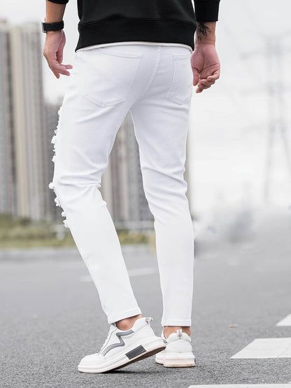 Men's Ripped Skinny Jeans - Stretch Denim Casual Wear | Distressed White/Black - Buy Center US