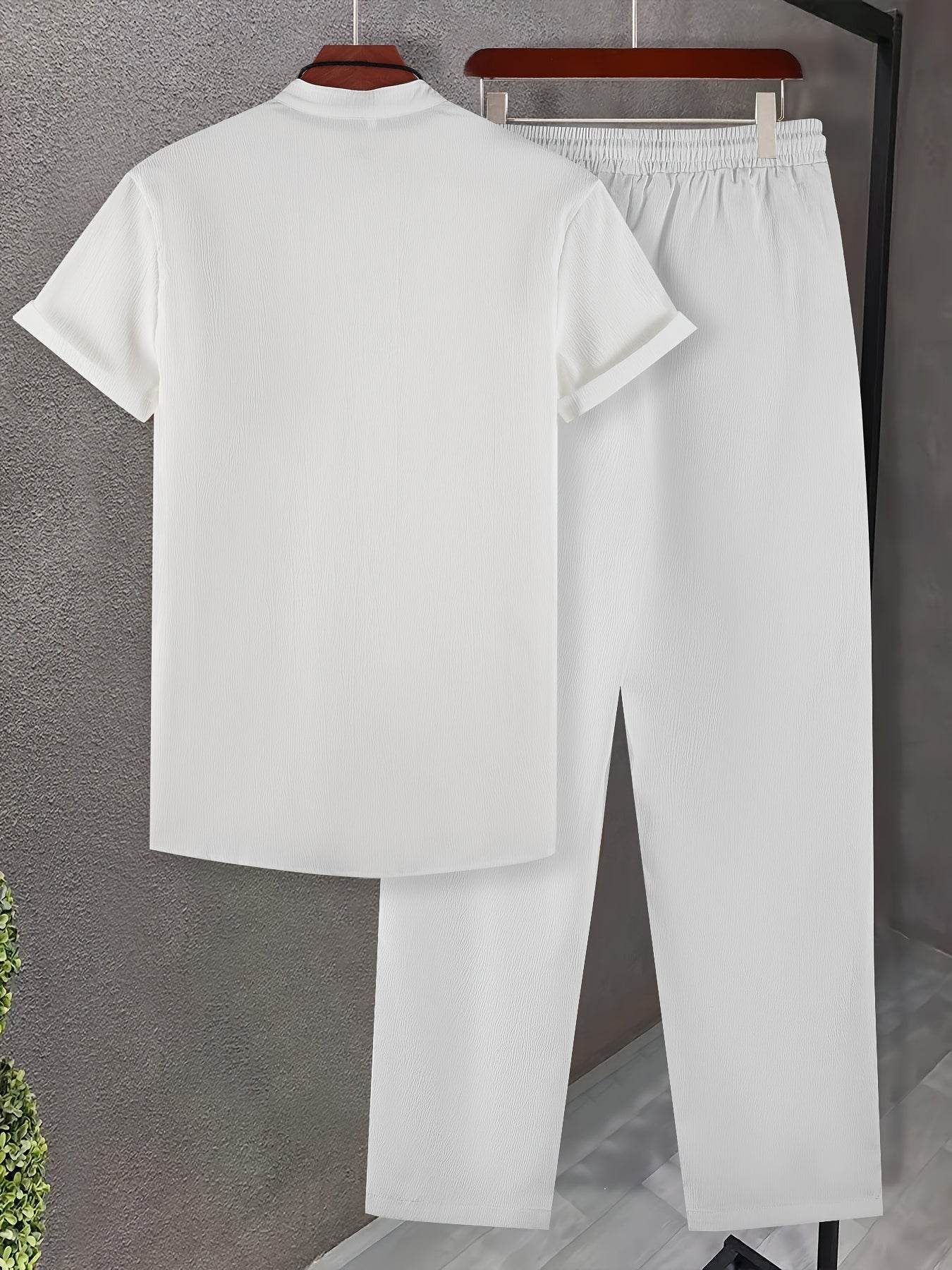 Lightweight Washed Textured Short Sleeve Shirt & Solid Pants Set - Buy Center US