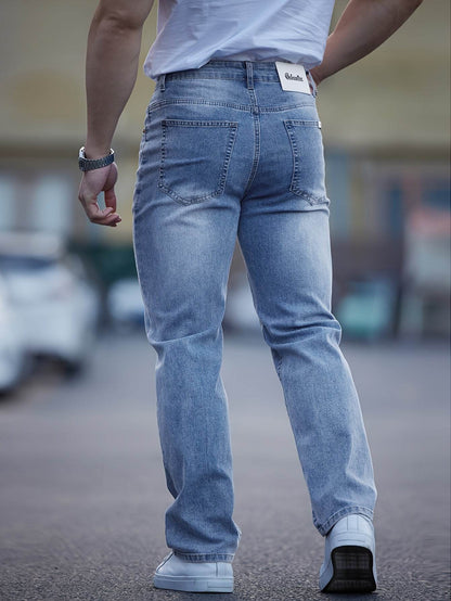 Men's Light Blue Washed Jeans - Embroidered, Relaxed Fit for Casual Style - Buy Center US