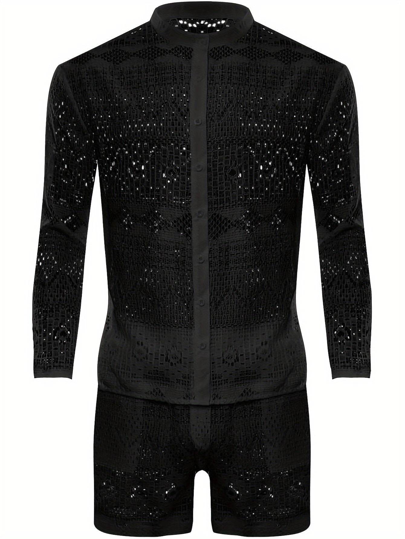 Men's Lace Sheer 2-Piece Shirt and Shorts Set - Sexy Summer Outfit - Buy Center US