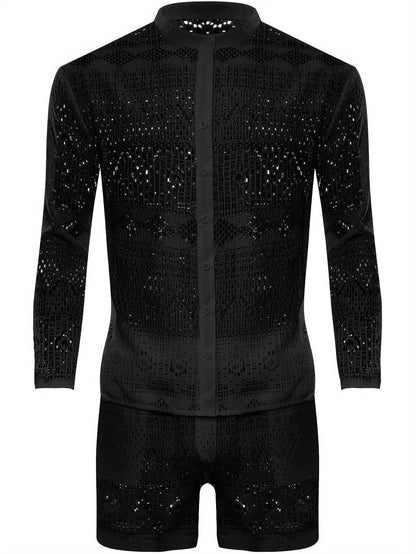 Men's Lace Sheer 2-Piece Shirt and Shorts Set - Sexy Summer Outfit - Buy Center US