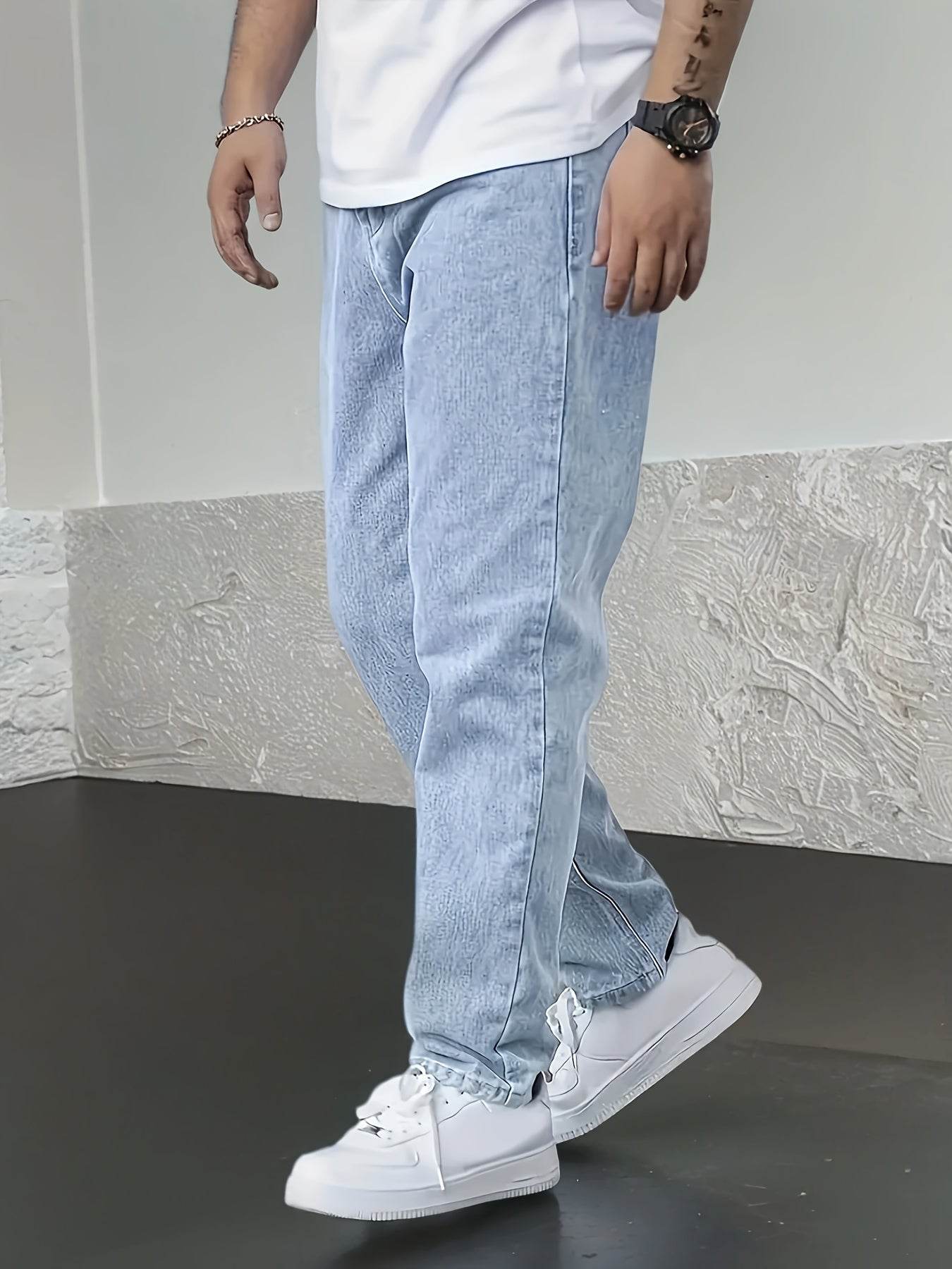 Men's Denim Jeans - Fashionable Light Blue Straight-Leg Style with Pockets - Buy Center US