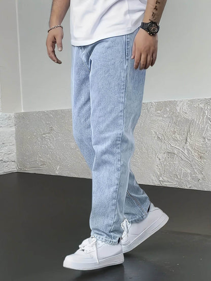 Men's Denim Jeans - Fashionable Light Blue Straight-Leg Style with Pockets - Buy Center US