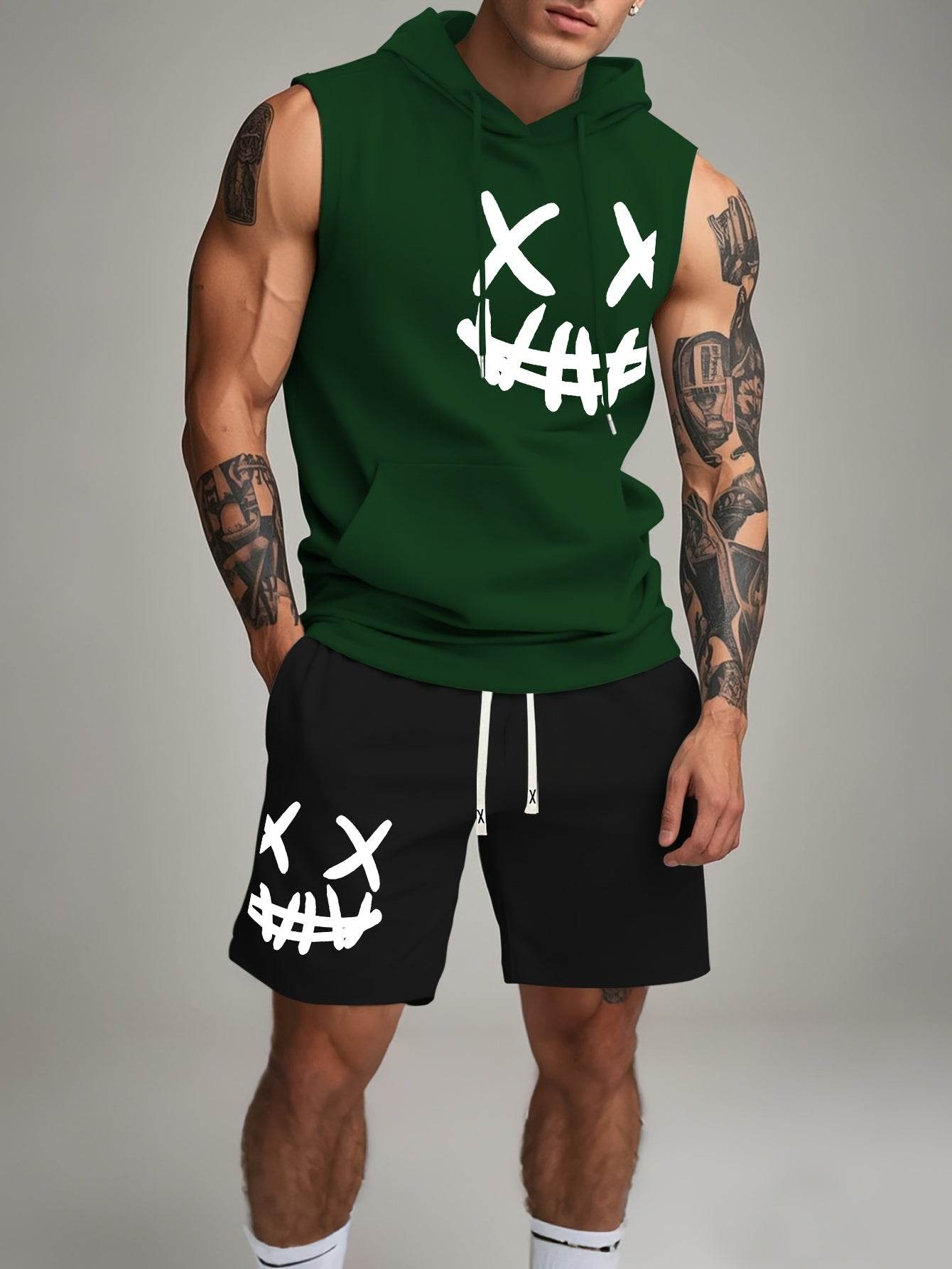 Men's Casual Hooded Tank Top & Shorts Set - Skull Print Summer Sportswear - Buy Center US