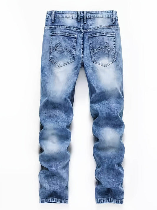 Men's Classic Blue Jeans - Stretch Denim with Geometric Pattern, Machine Washable - Buy Center US